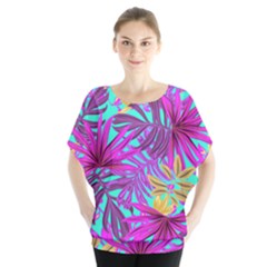 Tropical Greens Pink Leaves Batwing Chiffon Blouse