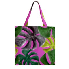 Tropical Greens Pink Leaf Zipper Grocery Tote Bag