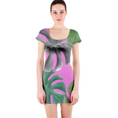 Tropical Greens Pink Leaf Short Sleeve Bodycon Dress