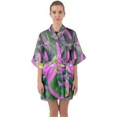 Tropical Greens Pink Leaf Quarter Sleeve Kimono Robe