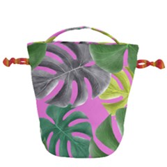 Tropical Greens Pink Leaf Drawstring Bucket Bag by HermanTelo