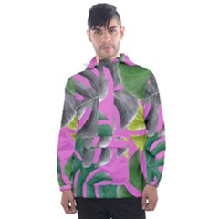 Tropical Greens Pink Leaf Men s Front Pocket Pullover Windbreaker
