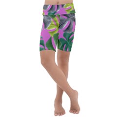 Tropical Greens Pink Leaf Kids  Lightweight Velour Cropped Yoga Leggings