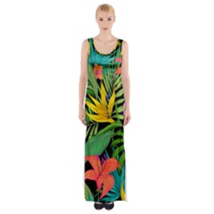 Tropical Greens Leaves Maxi Thigh Split Dress