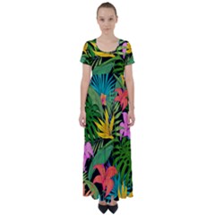 Tropical Greens Leaves High Waist Short Sleeve Maxi Dress