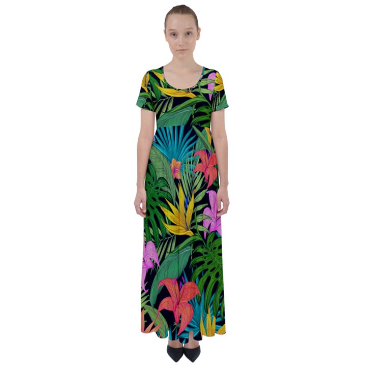 Tropical Greens Leaves High Waist Short Sleeve Maxi Dress