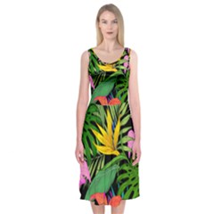 Tropical Greens Leaves Midi Sleeveless Dress