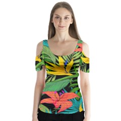 Tropical Greens Leaves Butterfly Sleeve Cutout Tee 