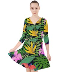Tropical Greens Leaves Quarter Sleeve Front Wrap Dress