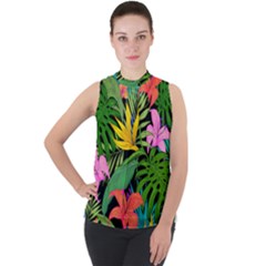 Tropical Greens Leaves Mock Neck Chiffon Sleeveless Top by Alisyart