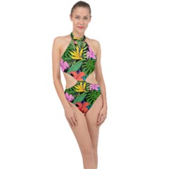 Tropical Greens Leaves Halter Side Cut Swimsuit