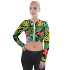 Tropical Greens Leaves Long Sleeve Cropped Velvet Jacket