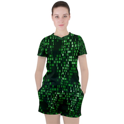 Abstract Plaid Green Women s Tee And Shorts Set by Bajindul