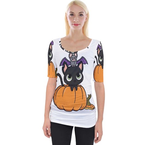 Halloween Cute Cat Wide Neckline Tee by Bajindul