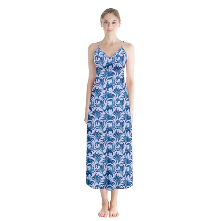 Blue Pattern Scrapbook Button Up Chiffon Maxi Dress