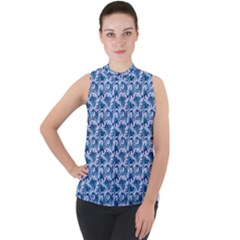 Blue Pattern Scrapbook Mock Neck Chiffon Sleeveless Top by Bajindul