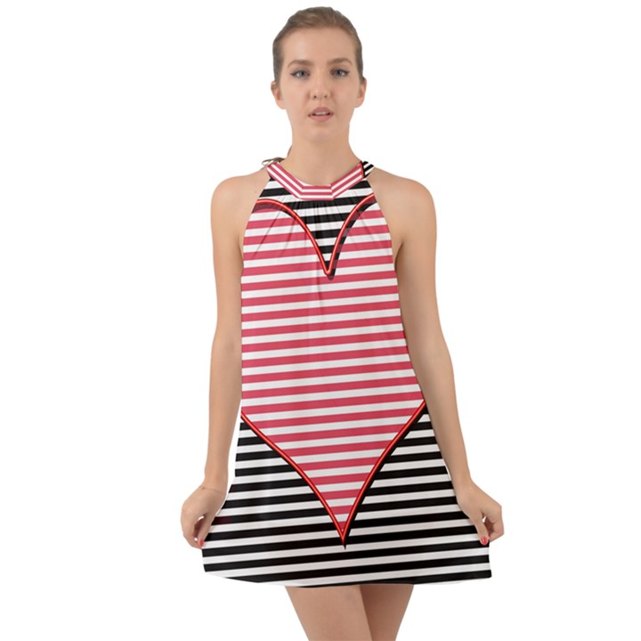 Heart Stripes Symbol Striped Halter Tie Back Chiffon Dress