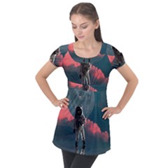 Astronaut Moon Space Planet Puff Sleeve Tunic Top