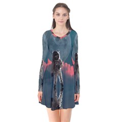 Astronaut Moon Space Planet Long Sleeve V-neck Flare Dress