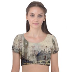 London Westminster Bridge Building Velvet Short Sleeve Crop Top  by Pakrebo