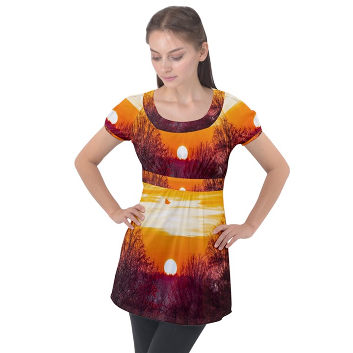 Sun Evening Sunset Sky Landscape Puff Sleeve Tunic Top