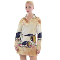 Funny Coutan With Flowers Women s Long Sleeve Casual Dress by FantasyWorld7