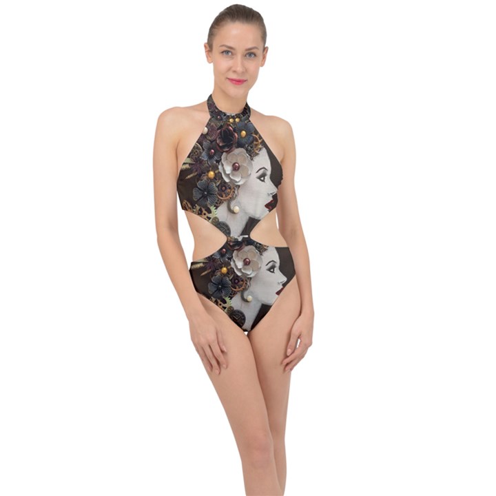 Mechanical Beauty  Halter Side Cut Swimsuit