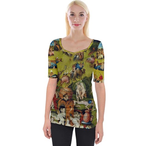 Hieronymus Bosch The Garden Of Earthly Delights (closeup) Hieronymus Bosch The Garden Of Earthly Delights (closeup) 3 Wide Neckline Tee by impacteesstreetwearthree