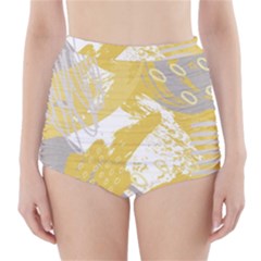 Ochre Yellow And Grey Abstract High-waisted Bikini Bottoms by charliecreates