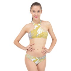 Ochre Yellow And Grey Abstract High Neck Bikini Set by charliecreates