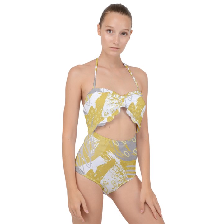 Ochre yellow and grey abstract Scallop Top Cut Out Swimsuit