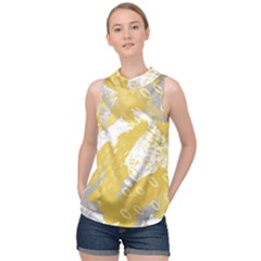 Ochre Yellow And Grey Abstract High Neck Satin Top