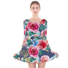 Watercolour Floral  Long Sleeve Velvet Skater Dress by charliecreates