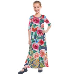 Watercolour Floral  Kids  Quarter Sleeve Maxi Dress by charliecreates