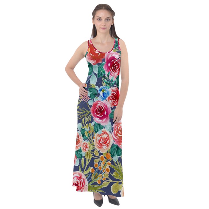 Watercolour Floral  Sleeveless Velour Maxi Dress