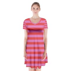 Love Sick - Bubblegum Pink Stripes Short Sleeve V-neck Flare Dress by WensdaiAmbrose