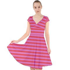 Love Sick - Bubblegum Pink Stripes Cap Sleeve Front Wrap Midi Dress by WensdaiAmbrose