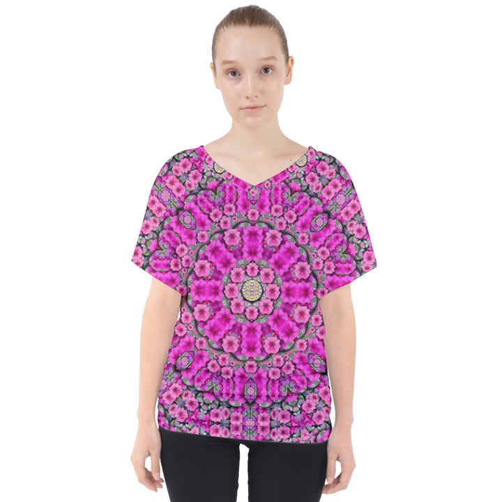 From The Sky Came Flowers In Calm Bohemian Peace V-Neck Dolman Drape Top