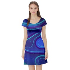Wavy Abstract Blue Short Sleeve Skater Dress