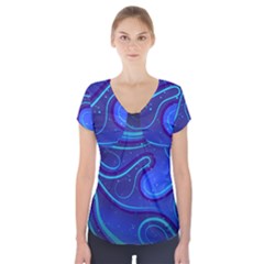 Wavy Abstract Blue Short Sleeve Front Detail Top