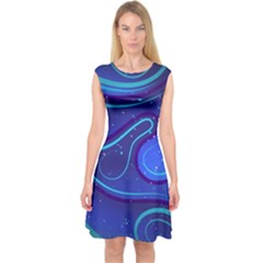 Wavy Abstract Blue Capsleeve Midi Dress