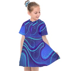 Wavy Abstract Blue Kids  Sailor Dress