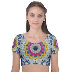 Kaleidoscope Bright Flower Mandala Velvet Short Sleeve Crop Top  by Pakrebo