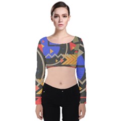 Background Abstract Colors Shapes Velvet Long Sleeve Crop Top by Pakrebo