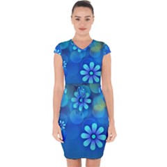 Bokeh Floral Blue Design Capsleeve Drawstring Dress  by Pakrebo