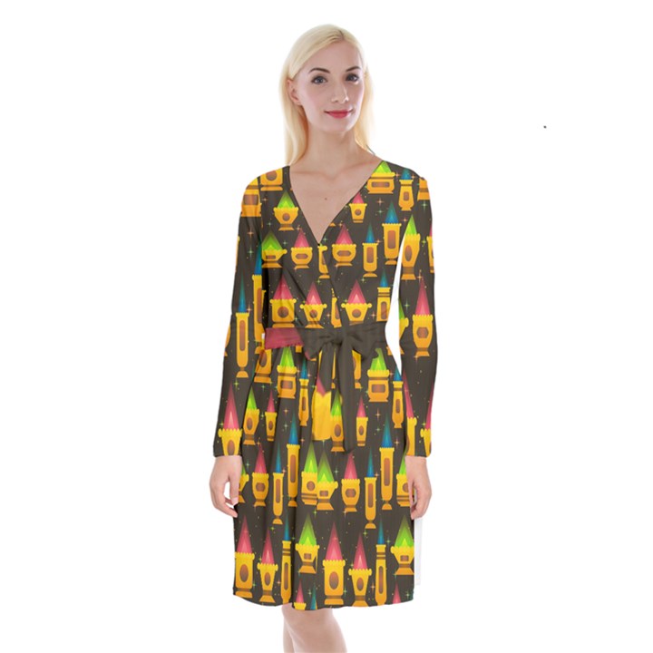 Pattern Non Seamless Objects Pots Long Sleeve Velvet Front Wrap Dress