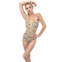 Crabs Pattern Plunging Cut Out Swimsuit