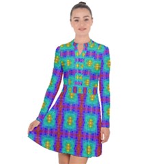 Groovy Green Orange Blue Yellow Square Pattern Long Sleeve Panel Dress by BrightVibesDesign