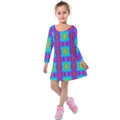 Groovy Green Orange Blue Yellow Square Pattern Kids  Long Sleeve Velvet Dress by BrightVibesDesign