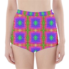 Groovy Purple Green Pink Square Pattern High-waisted Bikini Bottoms by BrightVibesDesign